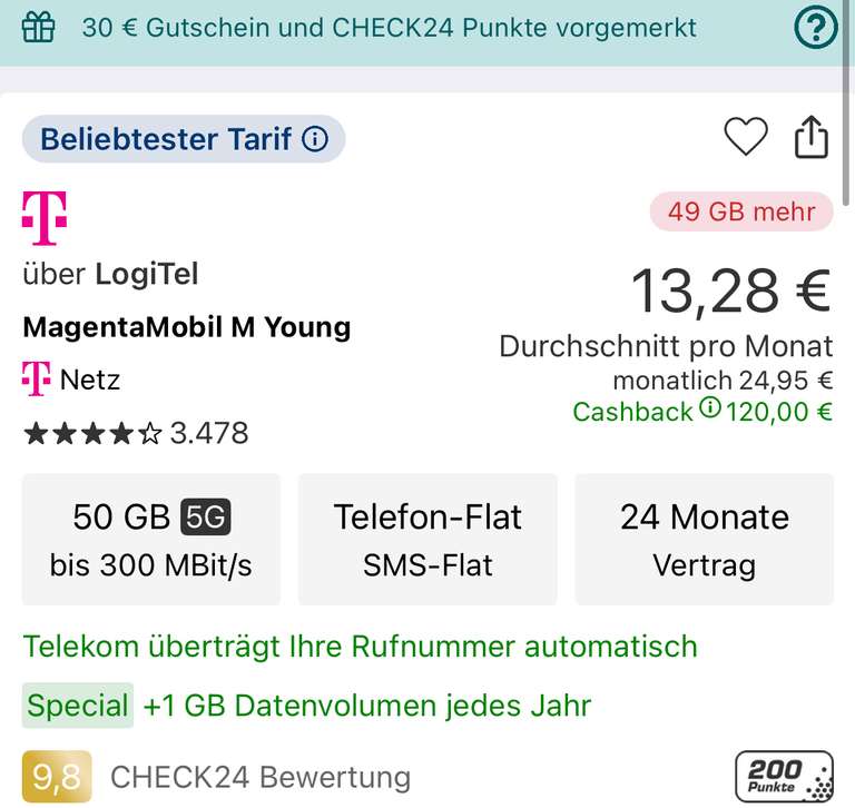 Check24 Telekom MagentaMobil Young M GB+ MagentaEins= 198,80€