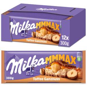 Milka Toffee Ganznuss 12 x 300g Großtafel, Zartschmelzende Schokoladentafel mit cremigem Karamel und ganze Haselnüsse [PRIME/Sparabo]