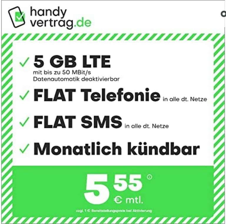 [Amazon] handyvertrag.de/Drillisch 5 GB LTE + Allnet + SMS-Flat + VoLTE & WLAN Call für 5,55€ /12GB für 9,99€/ 1€ AG / mtl kündbar