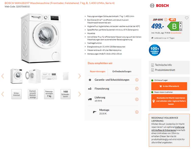 BOSCH WAN28297 Waschmaschine (Frontlader, freistehend, 7 kg, B, 1.400 U/Min, Serie 4) mit Nachbarschaftsbonus (versch. Städte in Bayern)
