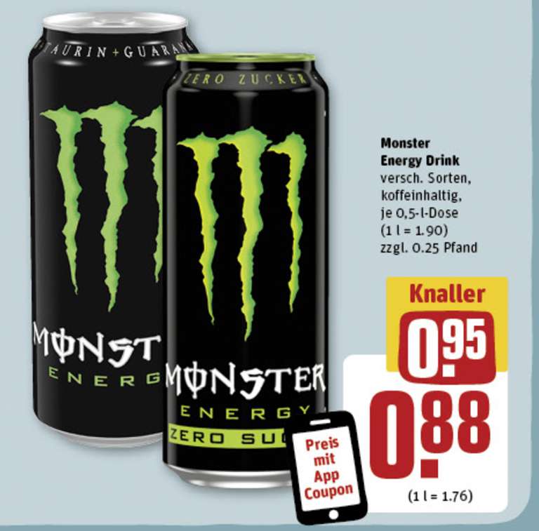 Monster Energy Drink verschiedene Sorten bei Rewe 0,88€ mit Rewe App