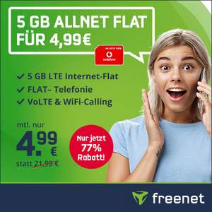 [Vodafone-Netz] freenet Vodafone 5GB LTE Tarif mit Telefonie-Flat für 4,99€ monatlich mit VoLTE, WLAN Call & EU-Roaming | erstmals 0€ AG