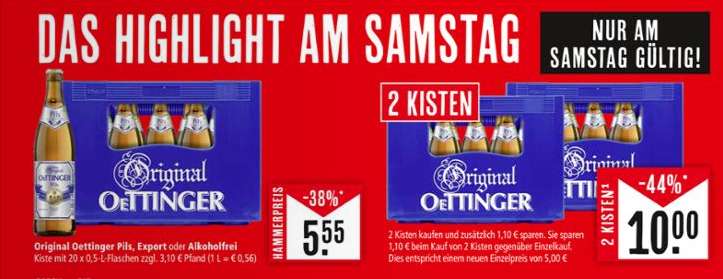[regional Marktkauf Südwest] Zwei Kisten Oettinger Pils/Export/alkoholfrei zum Superpreis von 10,00€ am 1.4.2023