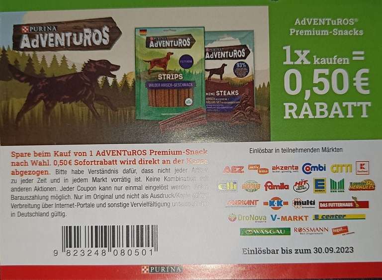 0,50€ Rabatt-Coupon für den Kauf einer Packung Purina AdVENTuROS Premium Snack nach Wahl bis 30.09.2023