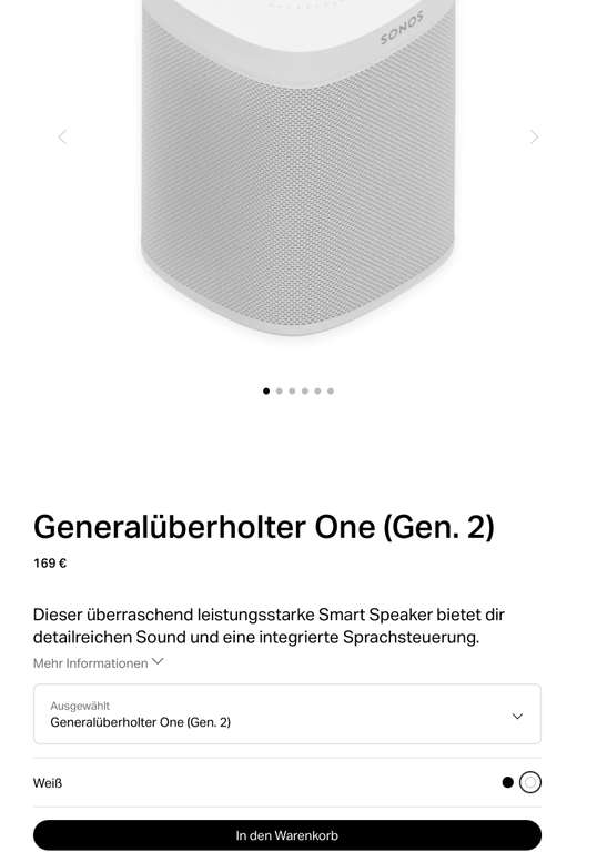 Sonos One Gen.2 schwarz / weiß refurbished (Generalüberholt) direkt von Sonos
