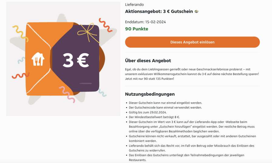 90 € für Gutschein Aktionsangebot: Lieferando 3 | mydealz Punkte (personalisiert)