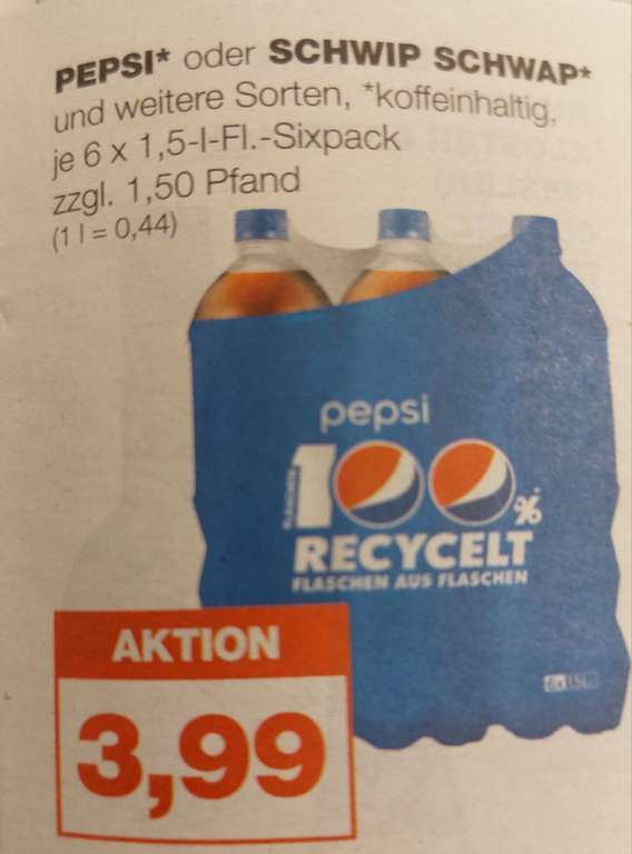 Pepsi, Max (Zero), Schwip Schwap bei real ab Montag für 44 Cent/l, oder 66,5 Cent/Flasche, oder 3,99€ für den 6 Pack