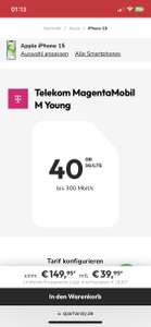 [Young] Telekom: iPhone 15 für 39,95 monatlich & 149,95 ZZ, 40GB 5G/LTE