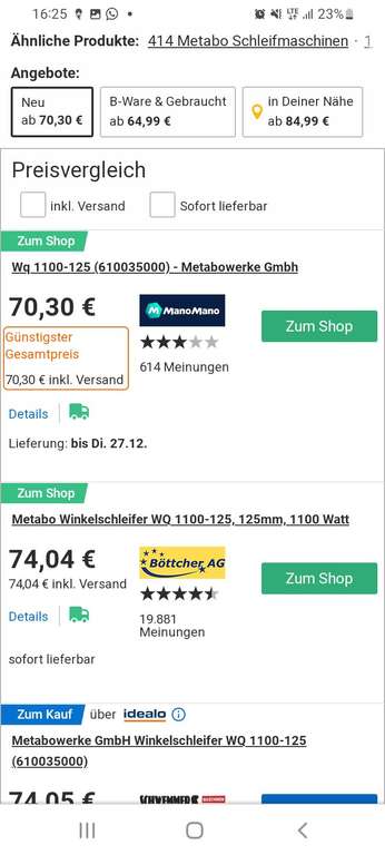 Hornbach FFM Niedereschbach: Metabo WQ 1100-125 Winkelschleifer im Karton ( 22 Stück) sowie Metabo SBE 650 für je 50€ (6Stück)