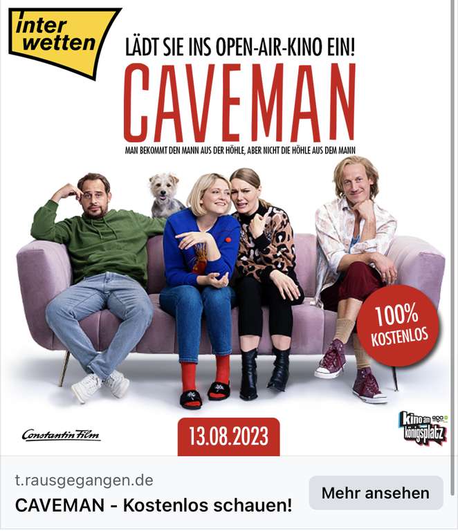 (Lokal München) Kostenfreies Open-Air Kino am Königsplatz Caveman 13.08.2023