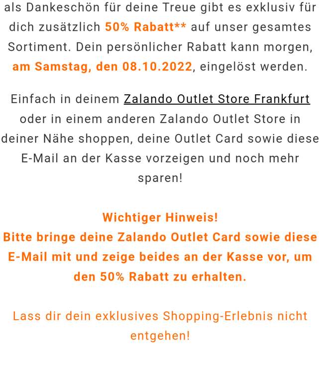 Zalando Outlet: 08.10.2022 50% auf Alles mit Z-Card per Newsletter