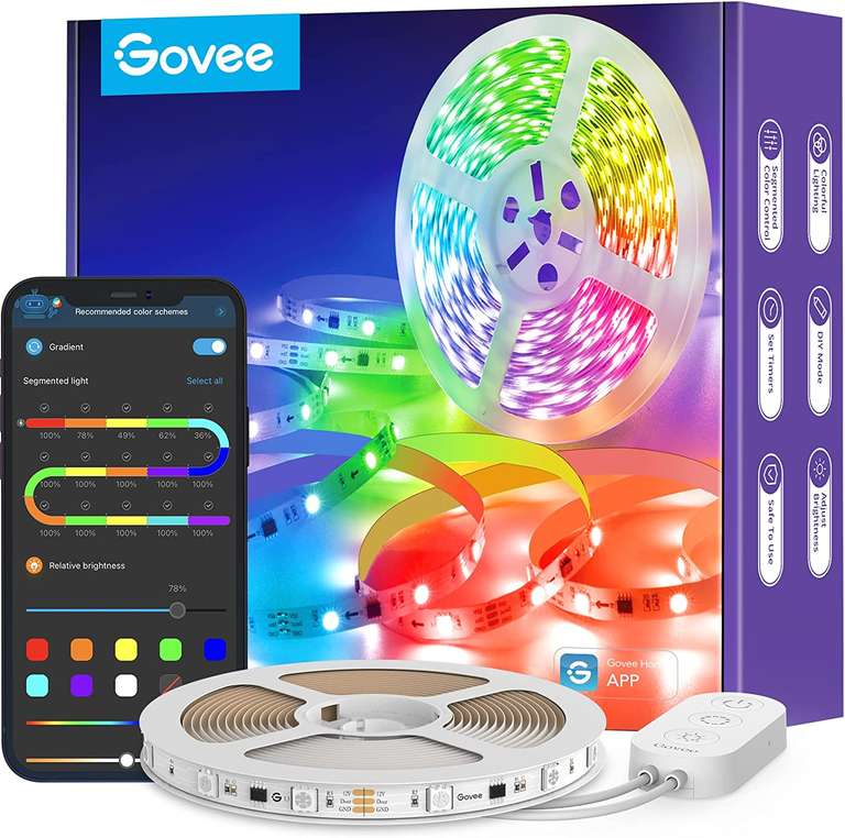[Prime] Govee RGBIC LED Strip Light 5m (18W, 30 LEDs/m, 15 Segmente individuell steuerbar, Bluetooth, App, inkl. Netzteil)