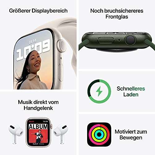[Amazon] Apple Watch Series 7 (GPS + Cellular, 45mm) Smartwatch, Edelstahlgehäuse Silber, Sportarmband Sternenlicht