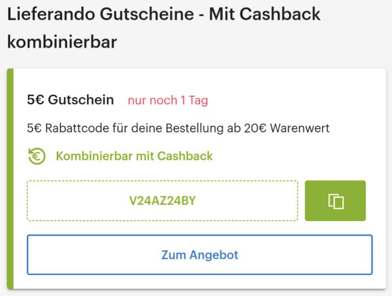 5€ Lieferando Gutschein (20€ MBW) + 4% Cashback über Shoop