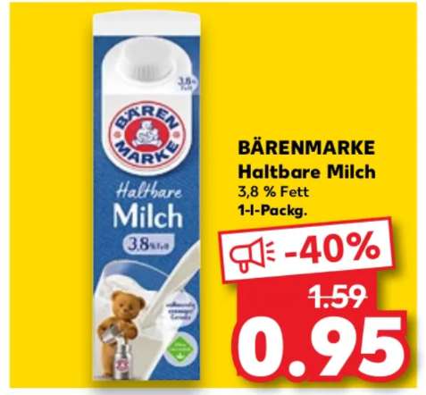 [Kaufland] BÄRENMARKE, Haltbare Milch 3,8 % Fett 1-l-Packg. für 0,95 € (Angebot) - bundesweit