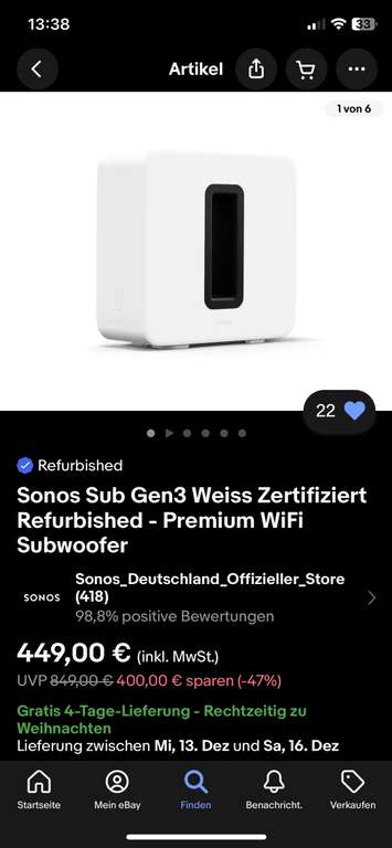 Sonos Sub Gen3 Weiss Zertifiziert Refurbished