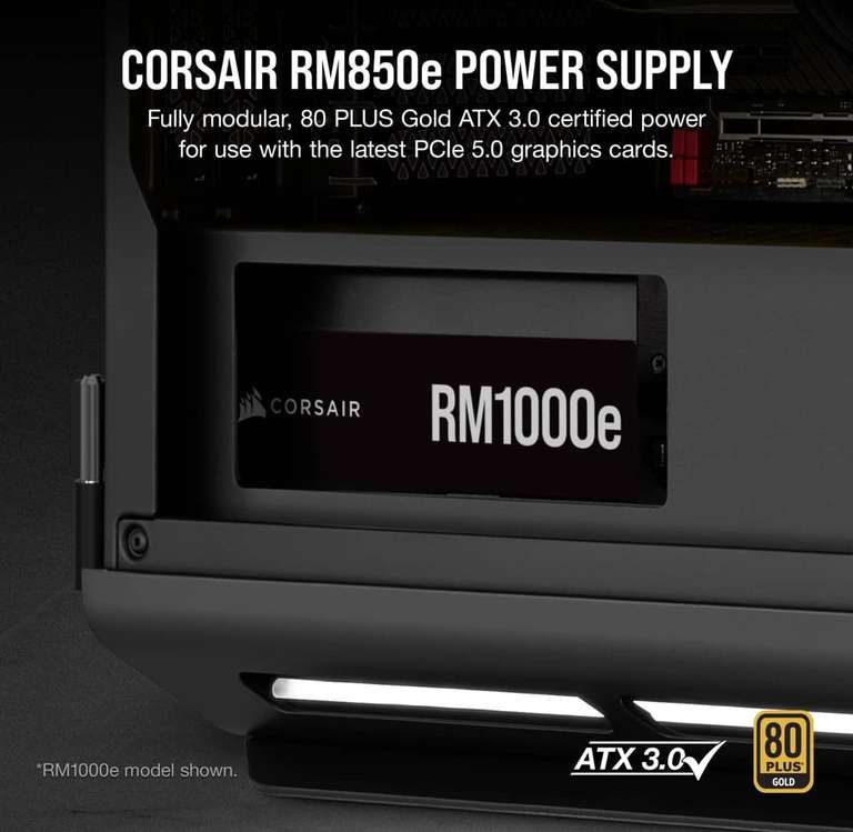 Corsair RM850e 2023 850W-Netzteil (80+ Gold, 120mm-Lüfter, semi-passiv, 16-Pin PCIe 5.0-Stecker, PSU List A)