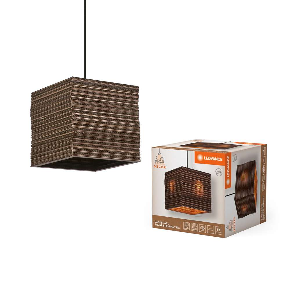 LEDVANCE Pendelleuchte Cardboard Square – 3-flammig, Aus Wellpappe, Braun, 830 Mm, E27, Nachhaltig