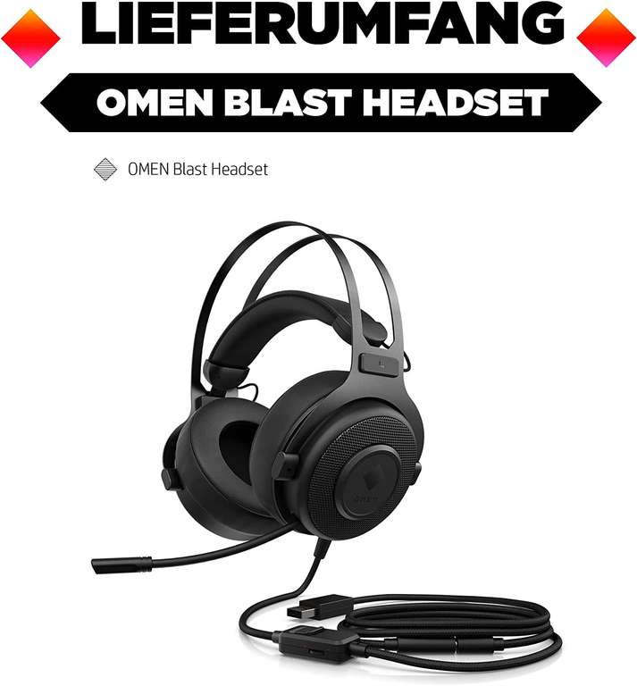 HP Omen Blast Gaming-Headset (Over-Ear, geschlossen, USB oder 3.5mm Klinke für PC & Konsolen, Virtual Surround, 2m Kabel)