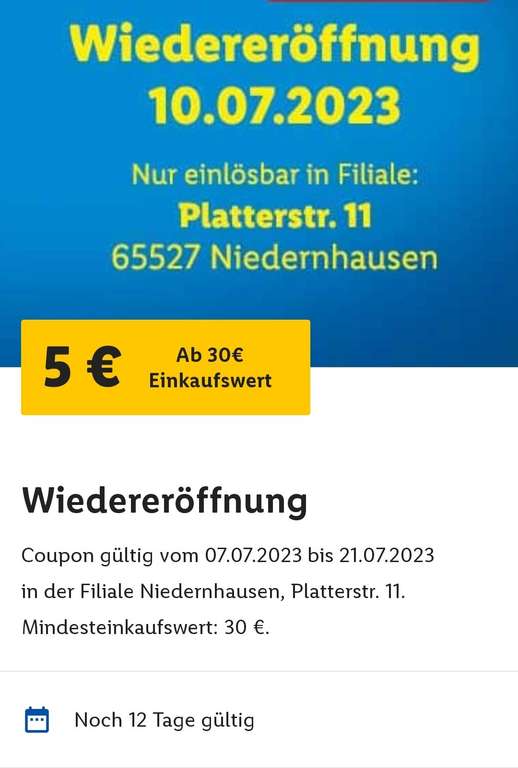 [Lidl Plus - lokal Niedernhausen] 5€ Coupon, ab 30€ Einkaufswert