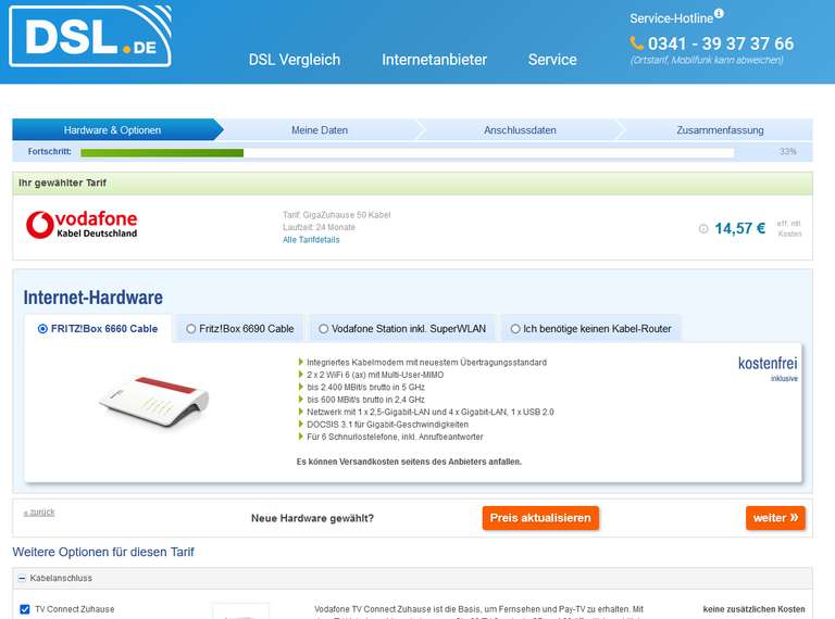 DSL.de: Vodafone GigaZuhause 50Mbit Kabel (Internet+Kabel-TV) inkl. FRITZ!Box 6660 Cable Modem für effektiv 349,68 Euro (eff. 14,57€/Monat)