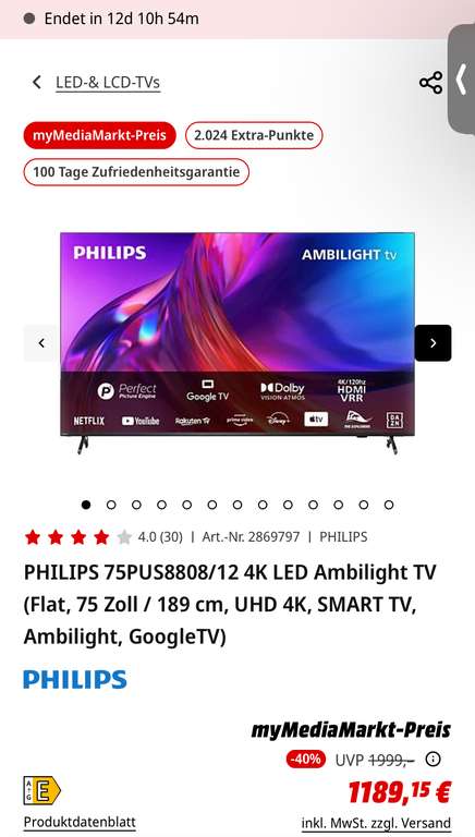 TV LED PHILIPS 75PUS8808 The One Ambilight