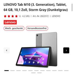 [SATURN, Mediamarkt] Lenovo Tab M10 64GB (3. Generation) 2% Shoop CB möglich