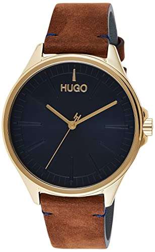 HUGO Analog Quarzuhr für Herren mit braunem Lederarmband (Quarz-Uhrwerk mit drei Zeigern, 43 mm Durchmesser, bis 5 bar wasserabweisend)