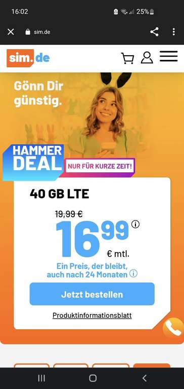 Sim.de 40GB für 16,99€/M, Monatlich kündbar