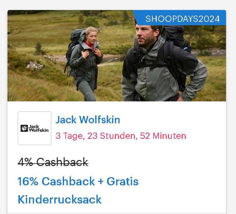 [Jack Wolfskin + Shoop] 16% Cashback + Gratis Kinderrucksack