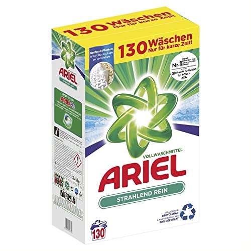 Ariel Waschmittel Pulver Waschpulver, Vollwaschmittel, 130 Waschladungen, Strahlend Rein, 8.45kg