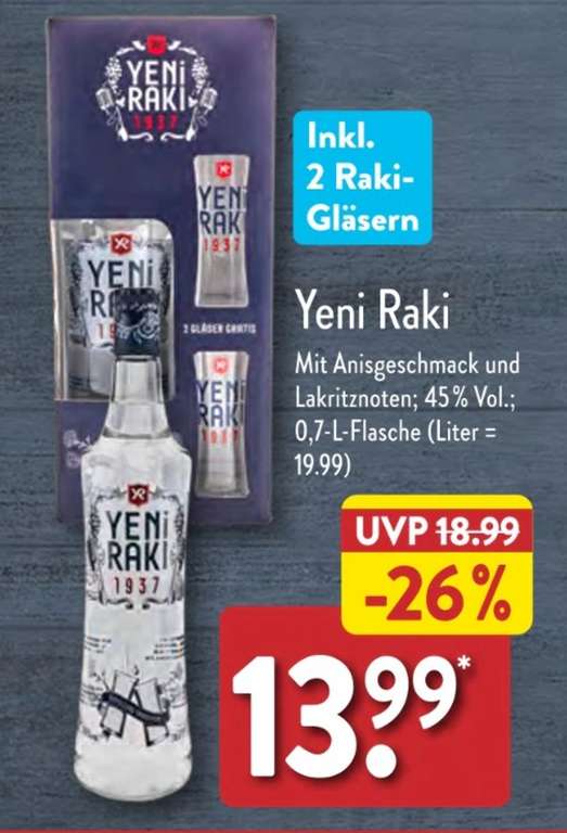 (Aldi-Nord) Yeni Raki 0,7L inkl. zwei Gläser für 13,99€ bei Aldi Nord