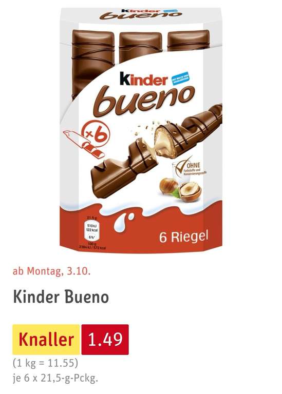 Verschiedene Kinder-Produkte für 1,49 Kinder Bueno, Kinder Riegel, Kinder Cards, Kinder Country + 80 Cent Gutschein