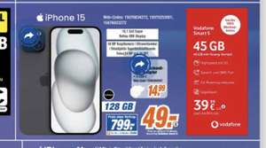 [Normalos] Iphone 15 ; Vodafone Smart S 45 GB, mit Young Vorteil 60 GB All in für 39,99€ mtl. + 49€ einmalig ; 200€ RNM Expert Klein