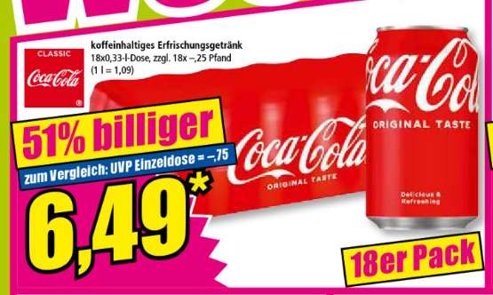 NORMA - 18 * Coca Cola 0,33l Dosen (effektiv für € 0,36 / Dose bzw. 1l für € 1.09)