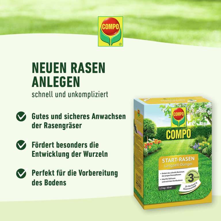 COMPO Start-Rasen Langzeit-Dünger, junge Rasenpflanzen & Rollrasen 3 kg/ Blaue Hortensien Dünger 5,99€(Prime)