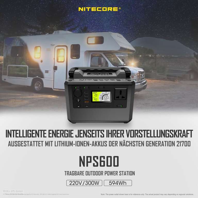 Nitecore NPS600 Power Station (594Wh, 33x 21700 Li-Ion, 300/600W AC Out, 12V 10A Out, 160W DC In, USB-C PD 60W, USB-A QC 18W, 3x USB-A 12W)