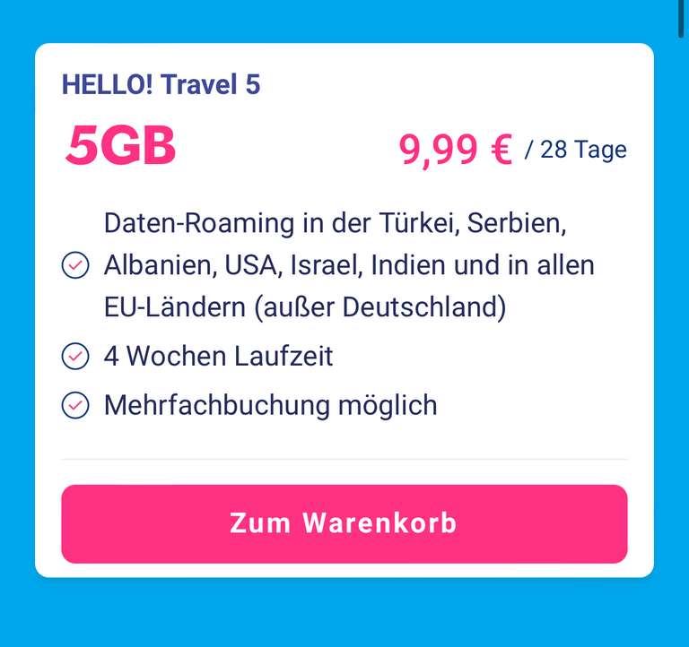[Telefonica Netz] Lebara Prepaid Roaming Aktion HELLO! Travel 5 5GB in Türkei,Serbien,Albanien,USA,Israel,Indien