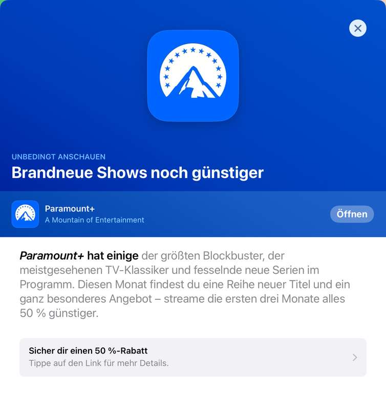 Paramount+ 3 Monate 50% über Werbung im Apple App-Store (personalisiert) - pro Monat 3,99€