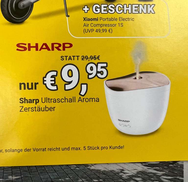 Lokal Düsseldorf: Sharp Aroma Zerstäuber für 9,95€ / Xiaomi Electric Scooter 4 Ultra für 899,95 mit Zugabe