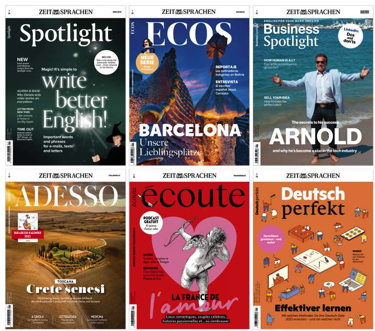 6 Sprachlern-Magazine im Abo, z.B. Business Spotlight für 97€ + 30€ BestChoice-GS | Spotlight / Ecos für 133,60€ mit 55€ BC | écoute, Adesso