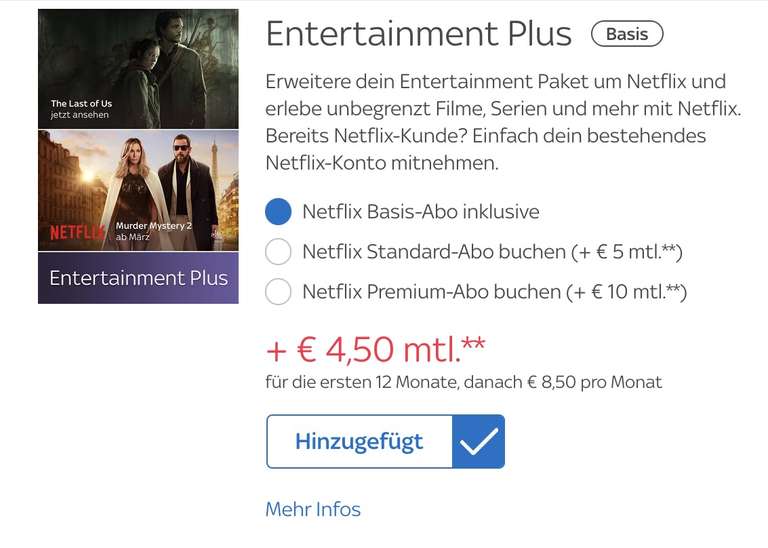 Sky Entertainment Plus Paket (inkl. Netflix) ab 4,50€ statt 6,50€ mtl. (Sky Kunden!)