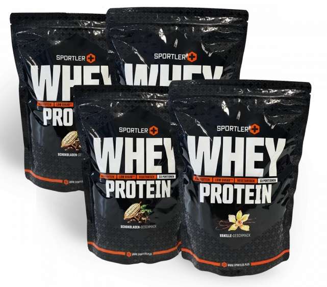 4x 1kg SportlerPlus Whey Protein (Vanille 75% oder Schokolade 72% Protein, 15.75€ pro Kilo)