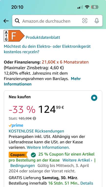 [Amazon.de] Klarstein Mini Kühlschrank 32L