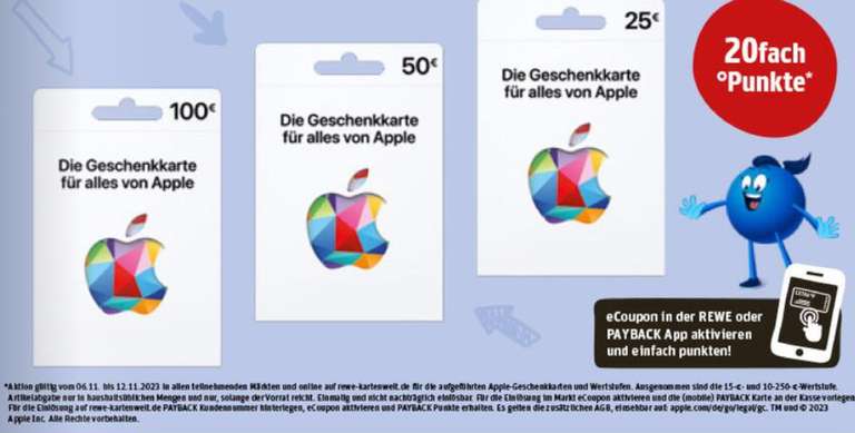 [REWE] 20-Fach Payback Punkte (10%) auf Apple Guthabenkarten | 06.11. - 12.11.2023