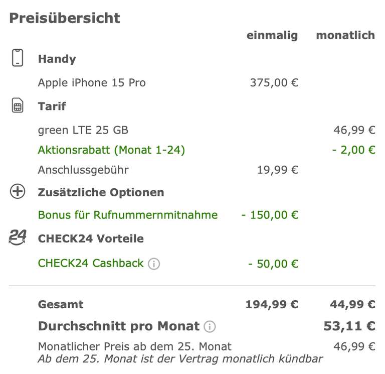 iPhone 15 Pro 128 GB Titanblau & freenet Telekom Netz (LTE) 25 GB für 44,99€ mtl. + 394,99€ ZZ - 150 RNM - 50 Check24 Cashback