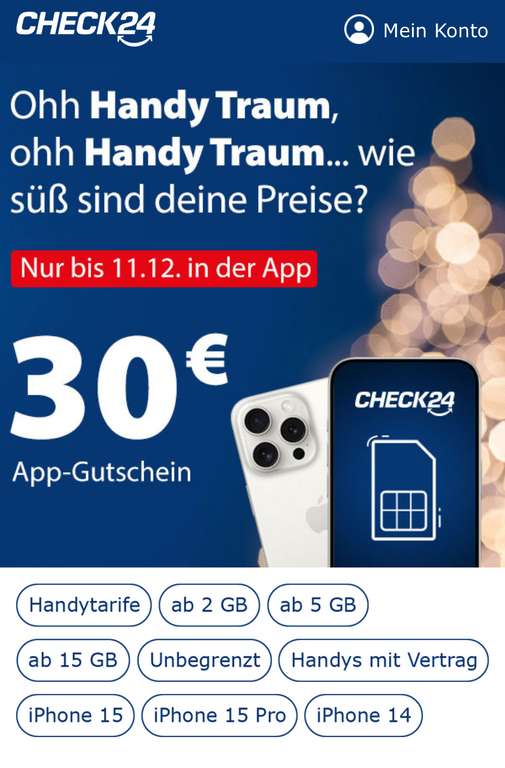 Check24 Mobilfunk Gutschein 30€ über die App [personalisiert]