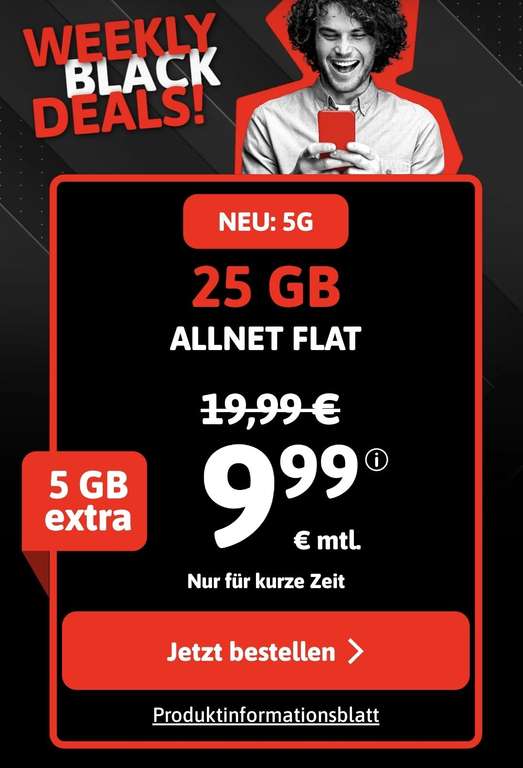 [1&1-Netz] Drillisch Tarif mit 5G | 25GB | Allnet Flat | 9,99€ mtl. | Weekly Deal