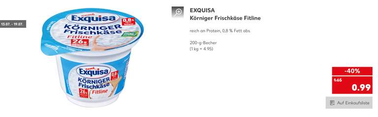 [Kaufland] 3x EXQUISA Körniger Frischkäse Fitline je 200 g Becher für 0,66 € (Angebot + Coupon) - reich an Protein - bundesweit