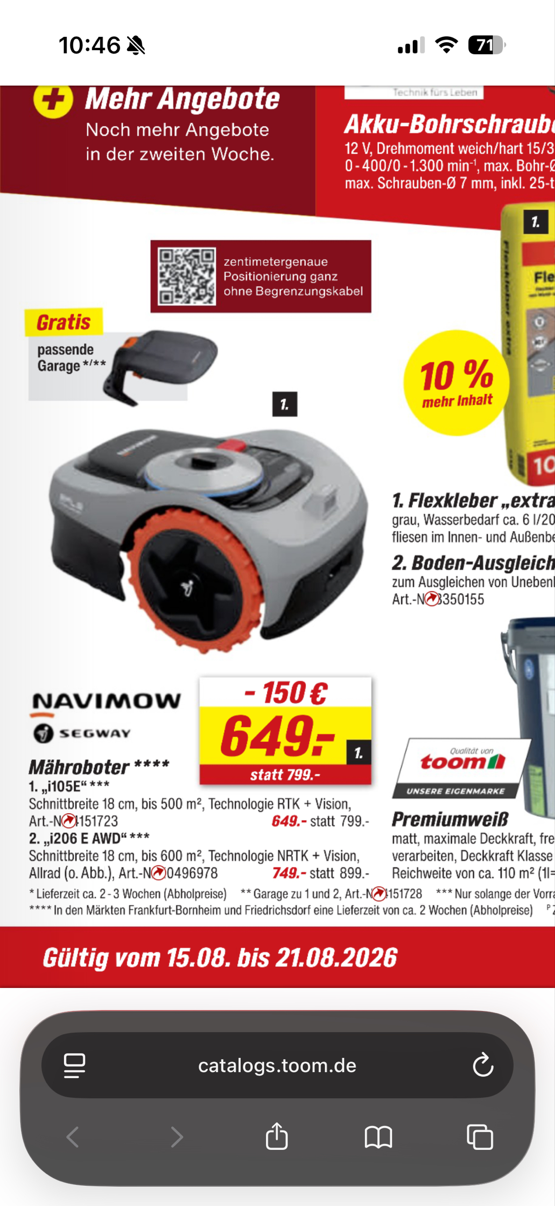 Segway Navimow i105e oder i206e über Bauhaus TPG 530€/612€